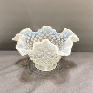 Fenton Glass white opalescent and clear glass polka dots on ruffled fluted edge